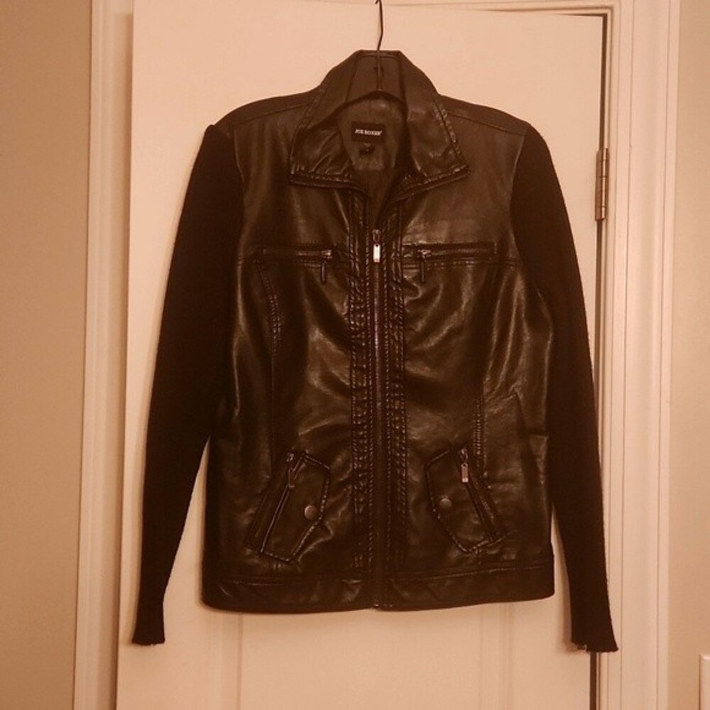 Joe Boxer Black Faux Leather Jacket w/ Fabric Sleeves Size M